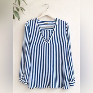 Joie Blue White Striped V Neck Long Sleeves 100% Silk Blouse Women's Size Large